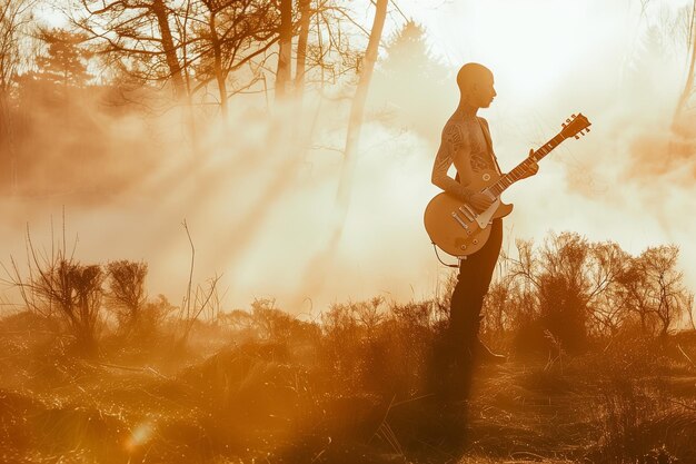 Foto een rockster met een elektrische gitaar die met trots staat