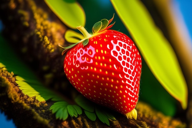 Een rode aardbei op een tak met groene bladeren