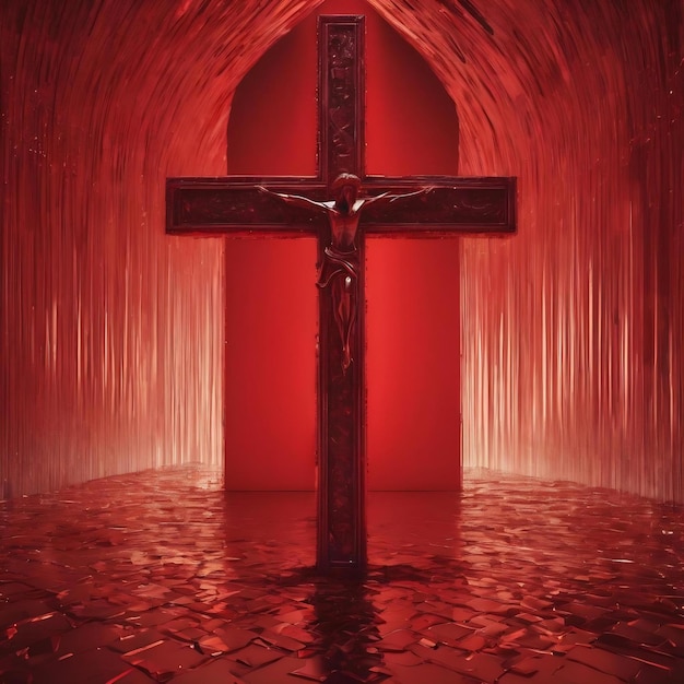 Een rode abstracte illustratie van een kruis op een rode achtergrond