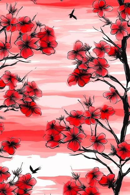 Een rode achtergrond met een tak bloemen en de woorden "chinees" op de bodem.