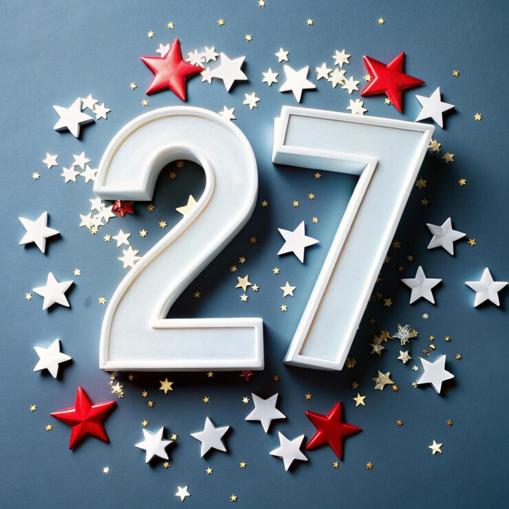 Een rode achtergrond met het nummer 27 en een ster.