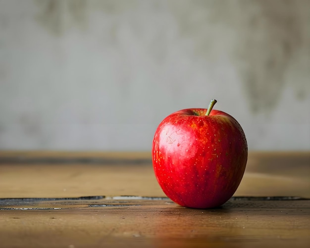 een rode appel die bovenop een houten tafel zit