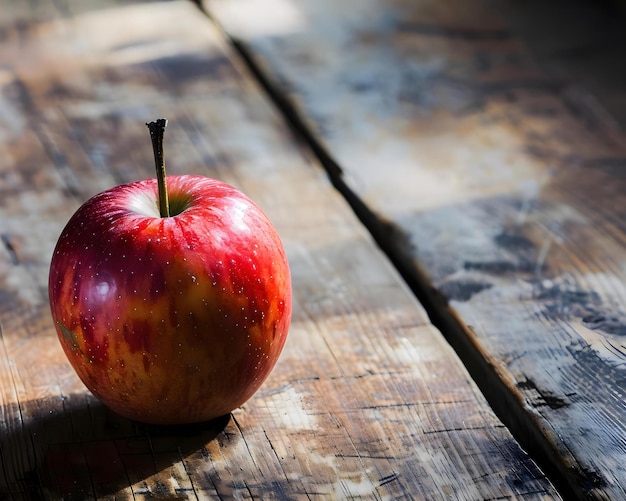 een rode appel die bovenop een houten tafel zit