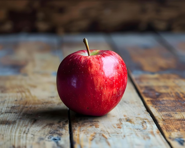 een rode appel die bovenop een houten tafel zit