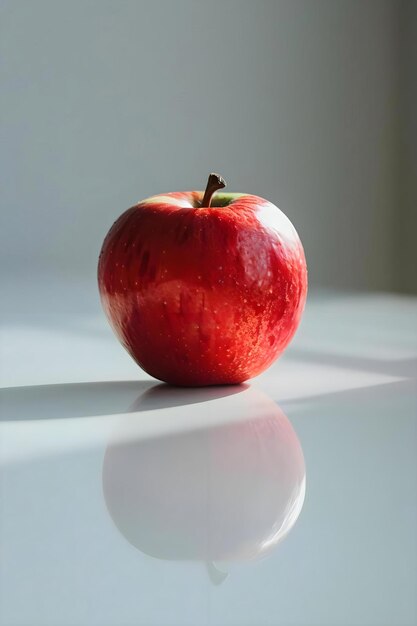 een rode appel die bovenop een witte tafel zit