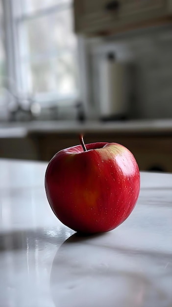 een rode appel die bovenop een witte toonbank zit