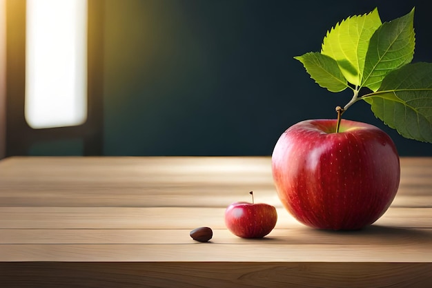 Een rode appel met bladeren op een houten tafel