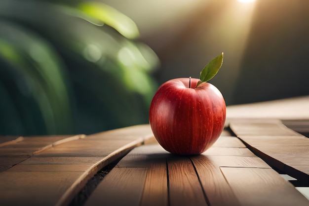 Een rode appel op een houten tafel met een groen blad erop
