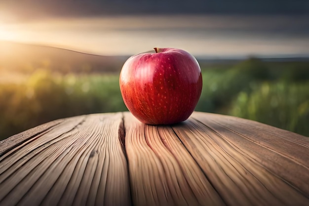 een rode appel op een tafel met de zon erachter