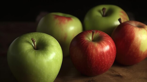 Een rode appel zit op een houten tafel met andere appels.