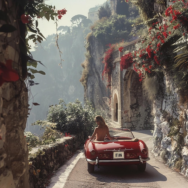 een rode auto en een mooie dame die op de weg van Italië rijdt