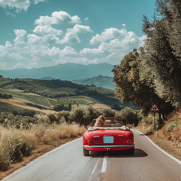 een rode auto en een mooie dame die op de weg van Italië rijdt