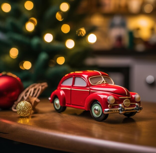 een rode auto met een paar koekjes erin naast een kerstversiering