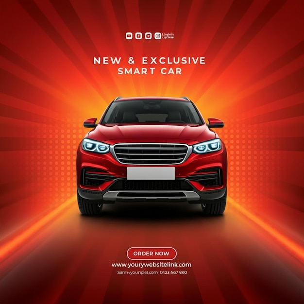 een rode auto met het kentekenplaatje erop adverteert een nieuwe auto