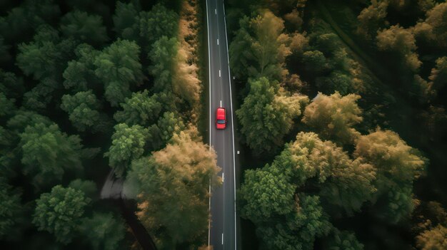 Een rode auto rijdt op een weg door een bos.