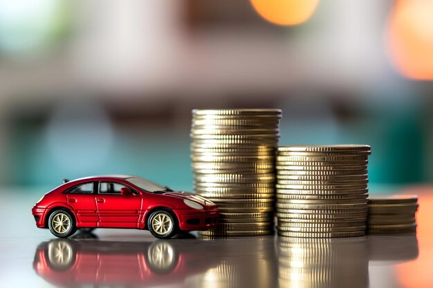 een rode auto staat bovenop een stapel munten