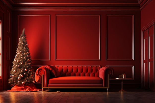 Een rode bank in een donkere kamer met een kerstboom in de hoek.