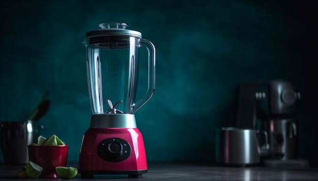 Een rode blender met een rode voet en een groene schaal met fruit op het aanrecht.