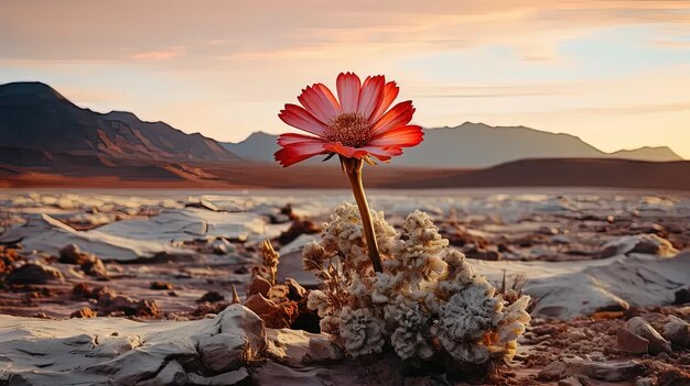 Een rode bloem die op een rotsachtig veld zit.