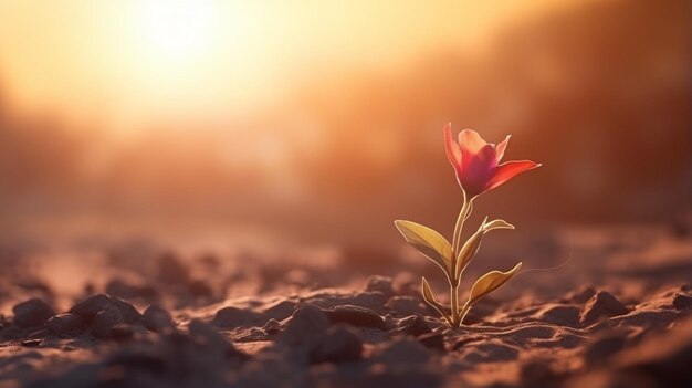 Foto een rode bloem groeit tegen de hemel in de stijl van realistische weergave van lichtgouden tinten