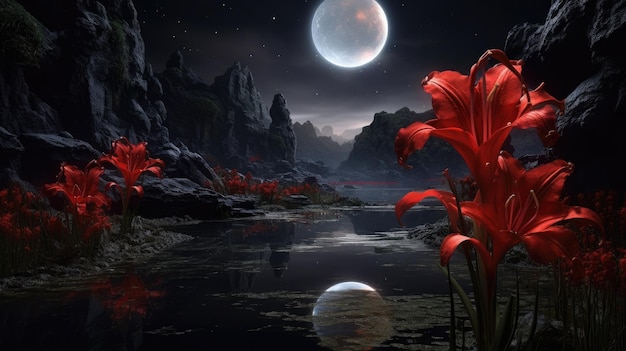 Een rode bloem in de nachtelijke hemel
