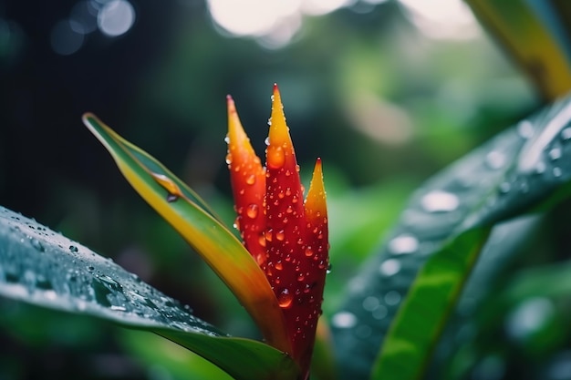 Een rode bloem met waterdruppels erop