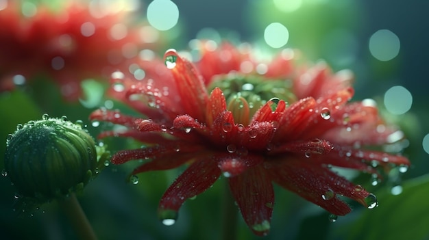 Een rode bloem met waterdruppels erop