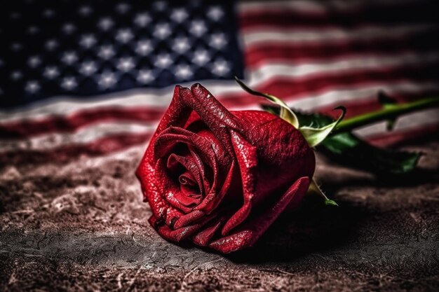 Een rode bloem op een Amerikaanse vlag