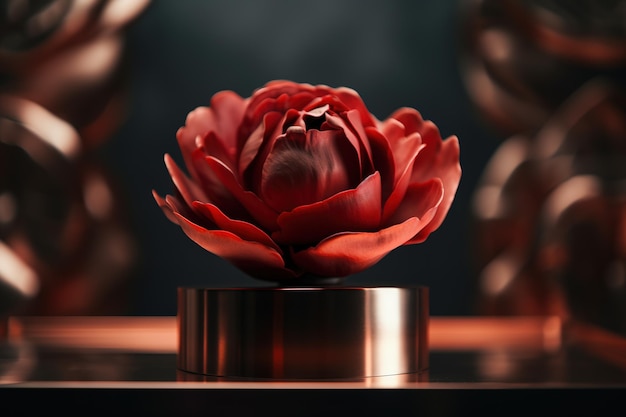 Een rode bloem op een ronde metalen voet