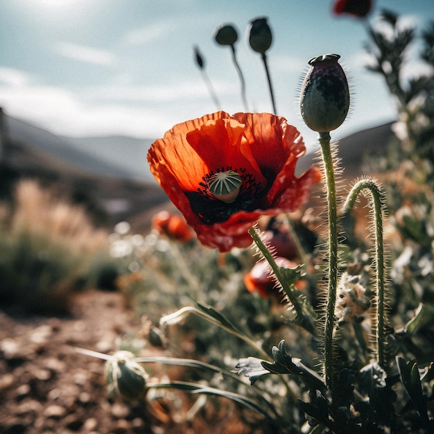 Een rode bloem staat voor een berg