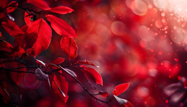 een rode boomtak met rode bladeren en een wazige achtergrond