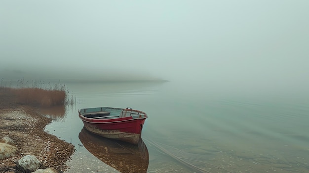 Een rode boot zit op een meer op een mistige dag het water is rustig en stil het enige geluid is het zachte kloppen van de golven tegen de boot