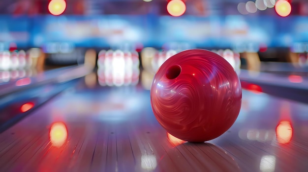 Een rode bowlingbal zit op een baan met de pinnen in de verte de bal is gemaakt van een glanzend materiaal en heeft een gat voor de duim van de bowler