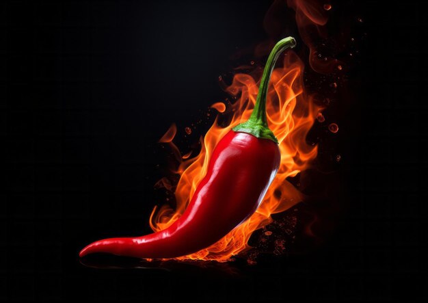 Foto een rode chili peper in een brandende vlam vuur close-up op een zwarte achtergrond