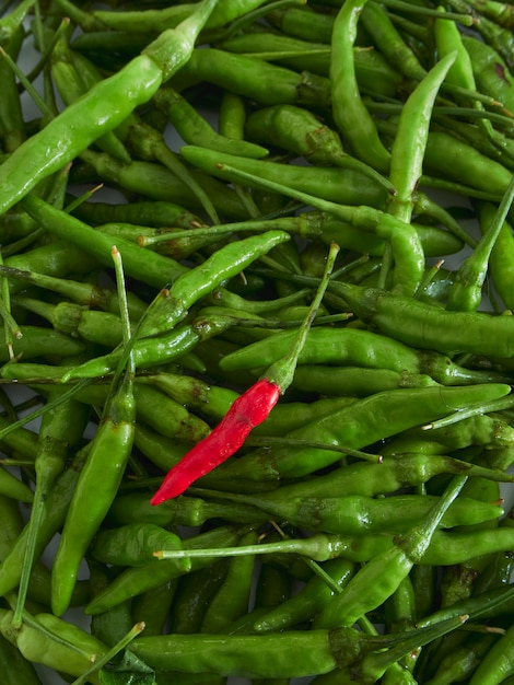 Een rode chili peper met groene chili pepers