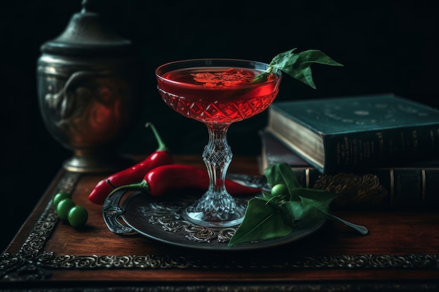 Een rode cocktail in een glas met een boek ernaast op tafel.