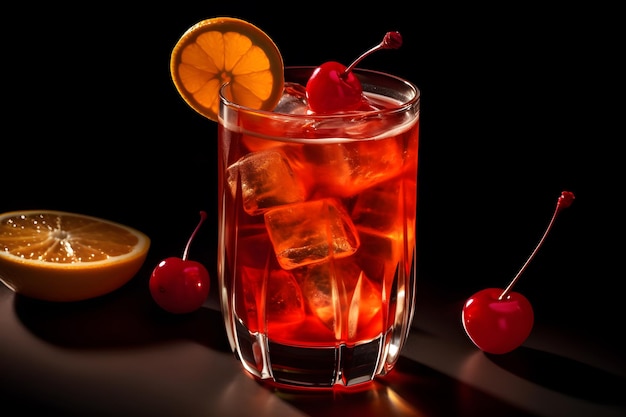 Een rode cocktail met een kers op de bodem en een halve citroen op de bodem.