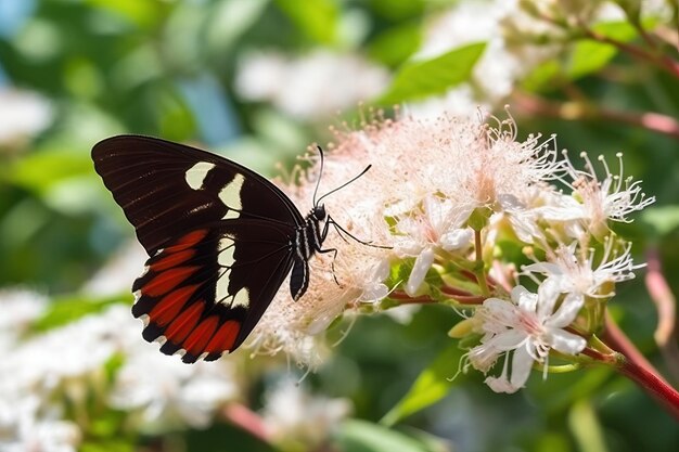 Een rode Dainty Swallowtail-vlinder die zich voedt met een witte bloem