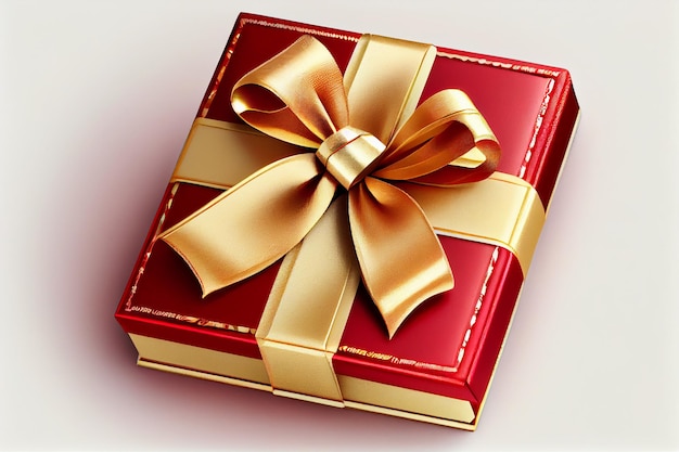 Een rode doos met een gouden lint en een strik.