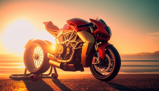 Een rode ducati-motorfiets staat bij zonsondergang op het strand.