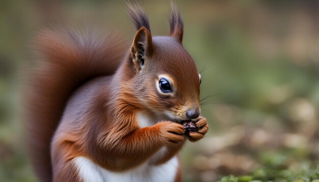 Foto een rode eekhoorn die een stuk voedsel eet met de ogen open