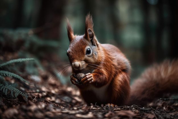 Een rode eekhoorn eet zaden