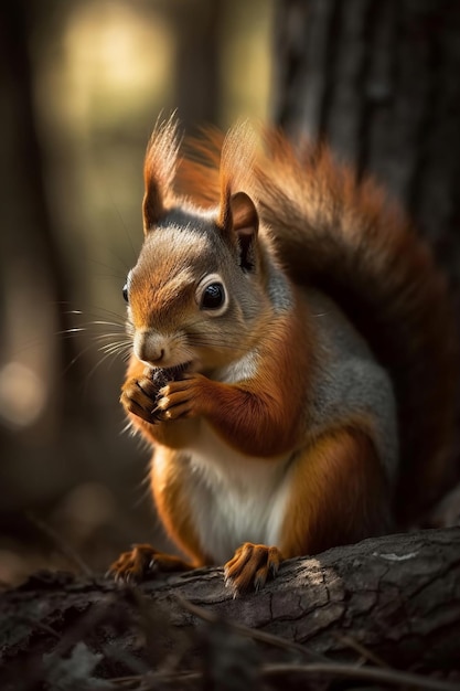 Een rode eekhoorn zit op een boomstam en eet een noot.