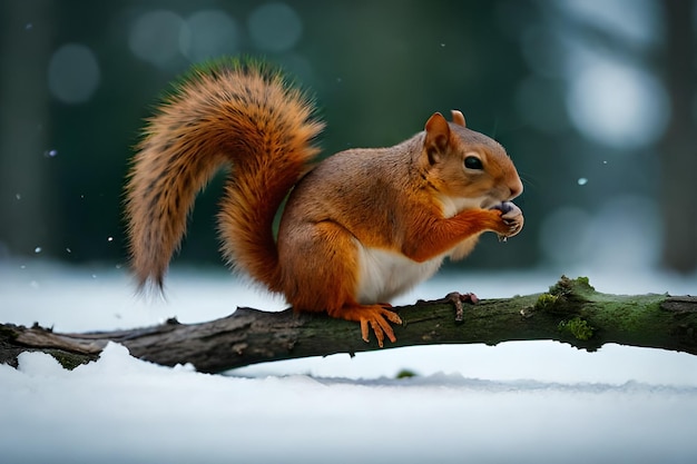 Een rode eekhoorn zit op een tak in de sneeuw.