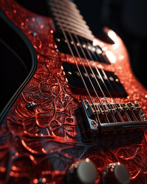 Een rode elektrische gitaar met ornamenten