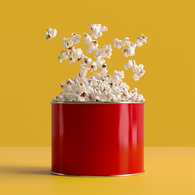 Foto een rode emmer popcorn met een rood deksel dat popcorn zegt