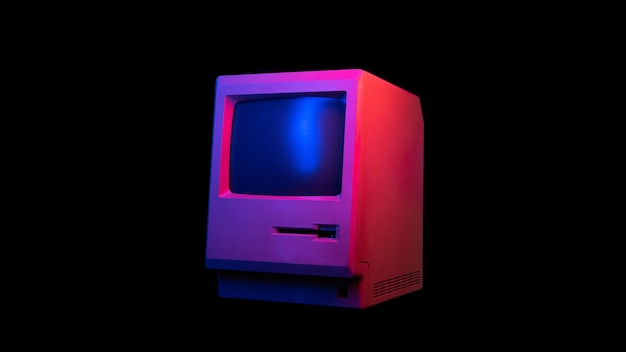 Een rode en blauwe computermonitor met het woord computer erop
