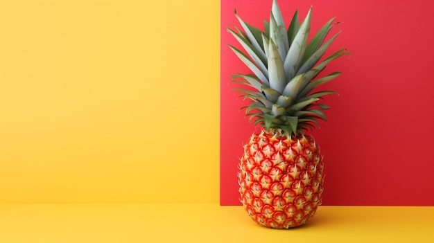 Een rode en gele ananas zit op een gele en rode achtergrond.