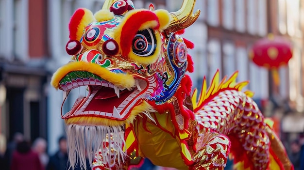 een rode en gele drakenkop bevindt zich midden in een parade