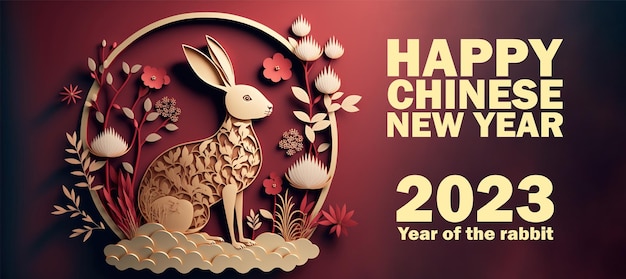 Een rode en gouden chinese nieuwjaarskaart met een konijn en het jaar van het konijn.